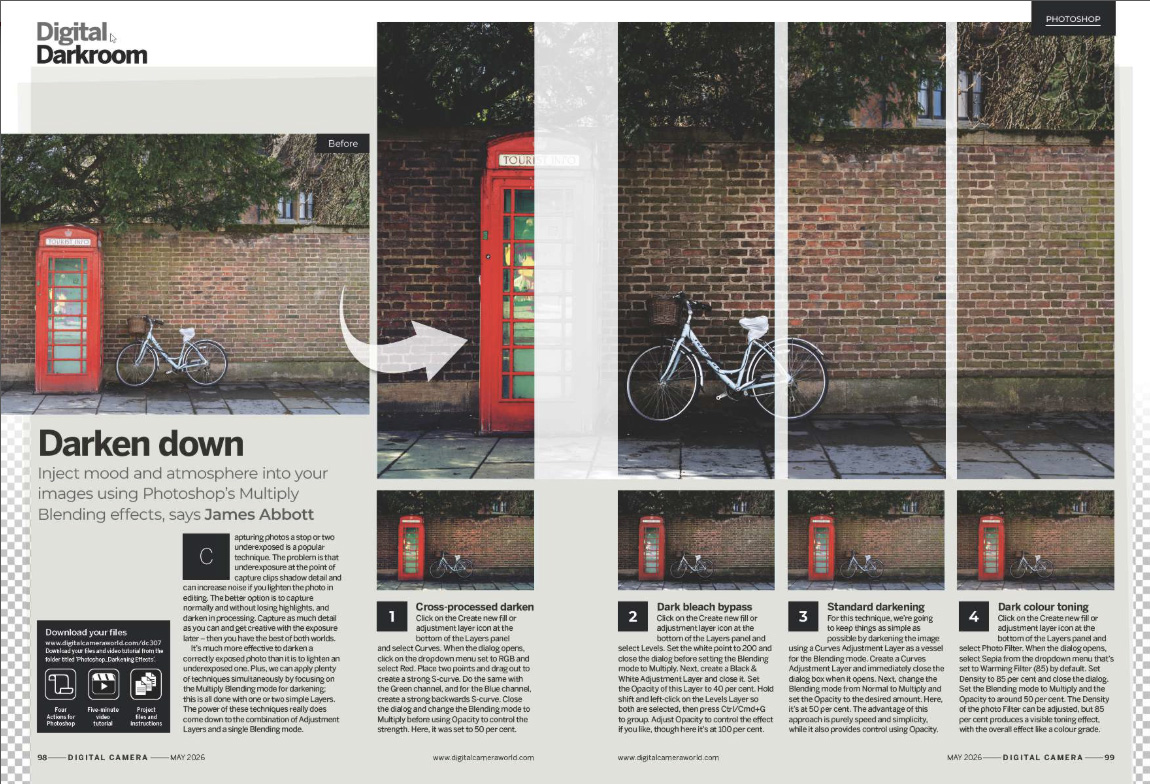 Image showing the Get the Look tutorial in issue 307 (May 2026) of Digital Camera magazine, exploring how to use Adobe Photoshop's Multiply Blending effects