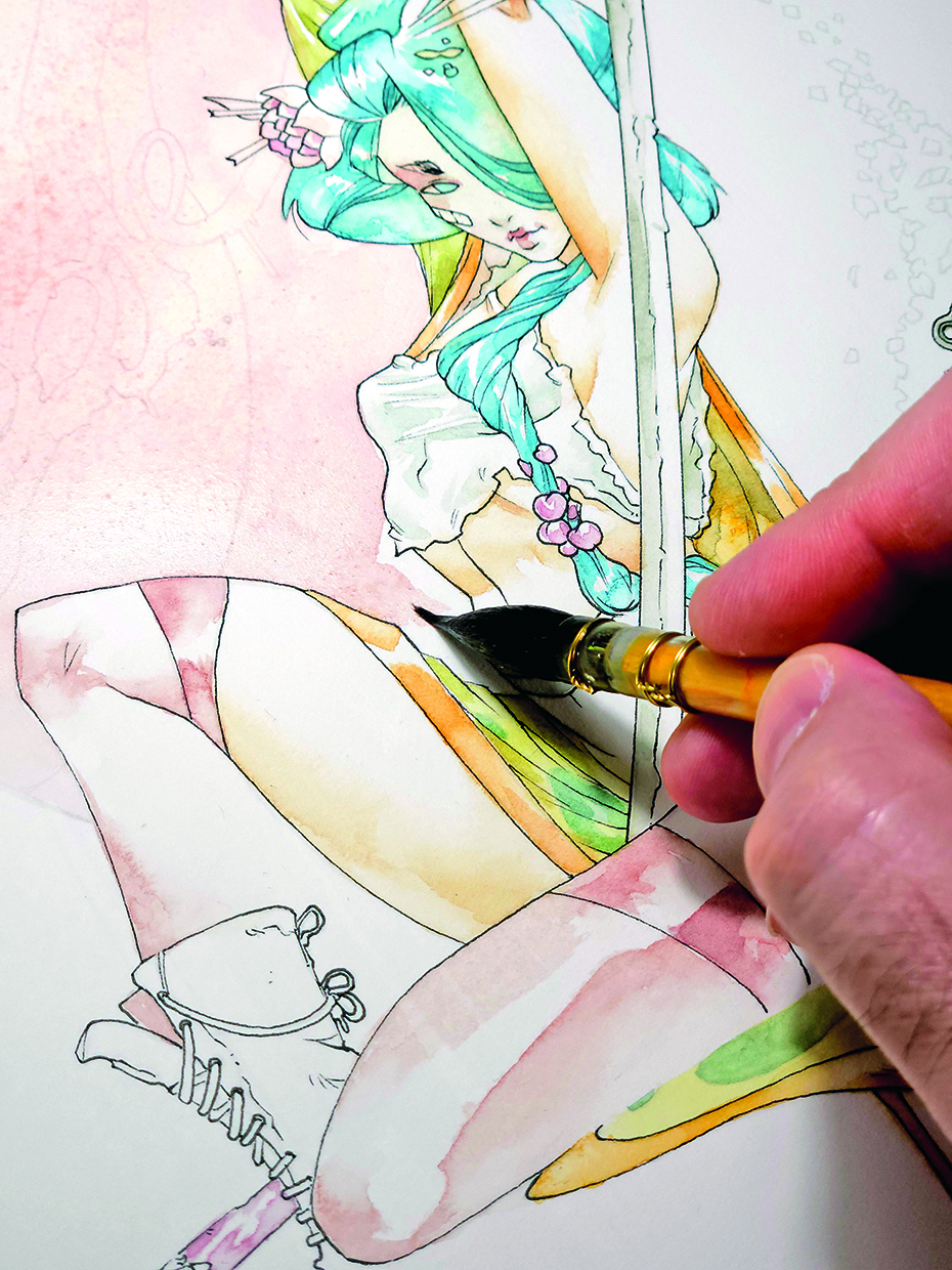 Watercolour geisha; painting pink background