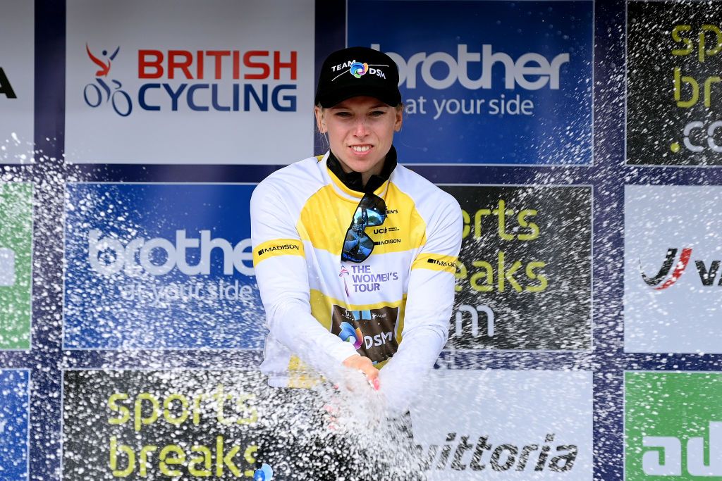 GLOUCLorena Wiebes in the leader&#039;s jersey at the Women&#039;s TourESTER ENGLAND JUNE 08 Lorena Wiebes of Netherlands and Team DSM celebrates winning the yellow leader jersey on the podium ceremony after the 8th The Womens Tour 2022 Stage 3 a 1079km stage from Tewkesbury to Gloucester WomensTour UCIWWT on June 08 2022 in Gloucester England Photo by Justin SetterfieldGetty Images