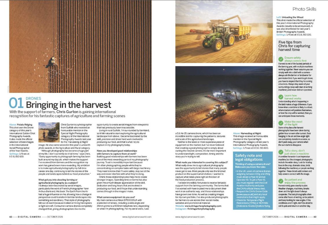 Image showing the first two pages of a Photo Skills project in issue 312 (October 2026) of Digital Camera magazine, how to photograph harvest time with a camera