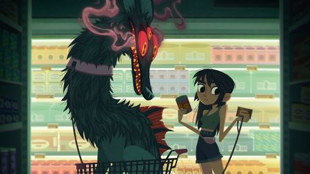 2D art; a girl and a wolf in a supermarket