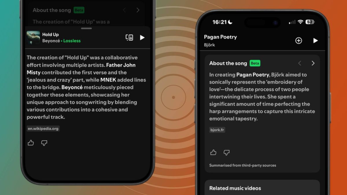 Two smartphone screens showing Spotify's About the Song function