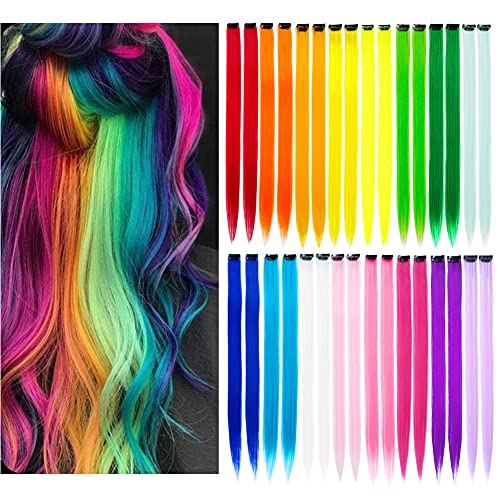 Kgbfass 32packs Colored Hair Extensions 20inch Straight Color Clip in on Hair Extension Rainbow Party Highlights Synthetic Hairpiece for Girls (16 Colors)