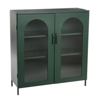 green cabinet with glass doors