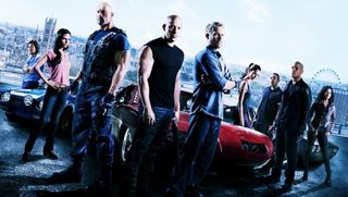 Fast and Furious 6 another tilted view of the crew in front of London's skyline