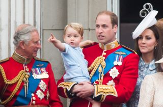 Prince Charles, Prince of Wales, Prince George of Cambridge, Prince William, Duke of Cambridge Catherine, Duchess of Cambridge look on from the balcony during the annual Trooping The Colour ceremony at Horse Guards Parade on June 13, 2015 in London, England