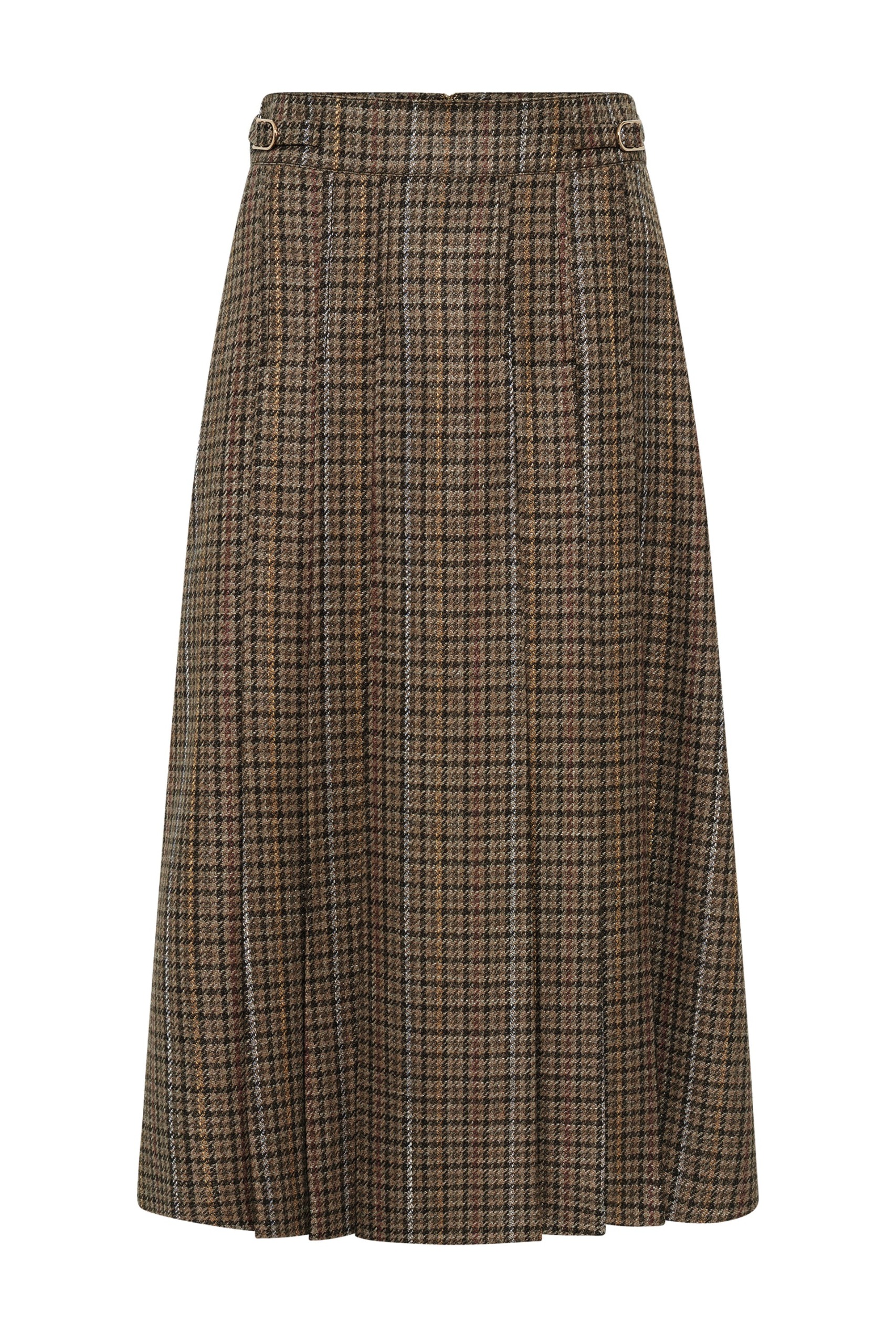 Wesley Pleated Skirt in Camel Multi Wool Silk Houndstooth - 34 / Camel Multi