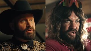 Tom Segura pictured in a cowboy costume in Bad Thoughts, shown next to Jason Momoa looking grumpy during a conversation in A Minecraft Movie.