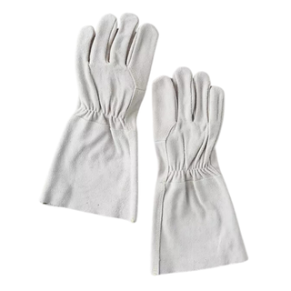 A pair of gray suede gauntlet garden gloves