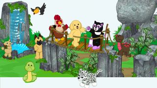 A coterie of cartoon animals prance around a green, natural setting.