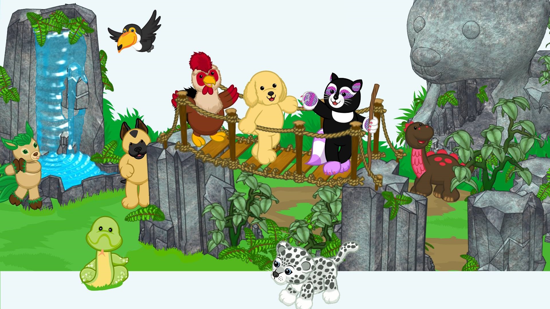A coterie of cartoon animals prance around a green, natural setting.