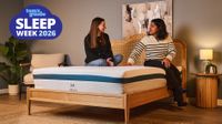 Two Tom's Guide mattress testers sit on the Helix Twilight Mattress in our Sleep Product Testing Lab. A blue Sleep Week 2026 logo is overlaid in the top left hand corner
