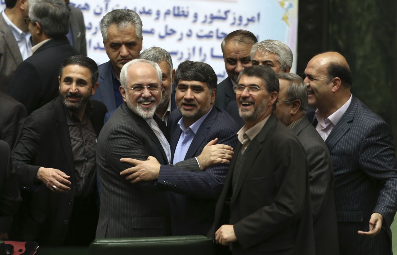 Mohammad Javad Zarif, Iran&amp;#039;s foreign minister, celebrates the nuclear deal with lawmakers