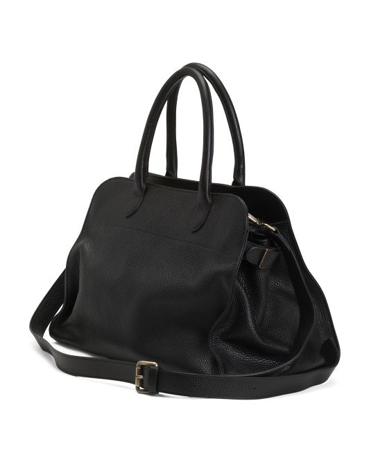 AMERAI, Made In Italy Leather Satchel Side Buckle Top Zipper
