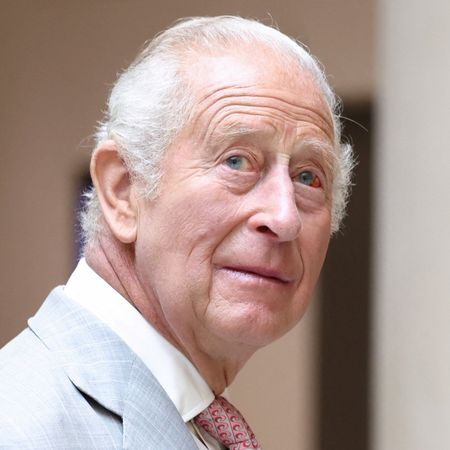 King Charles has white gray hair and one of his eyes is bloodshot with a pink spot and he wears a light gray suit with a tie