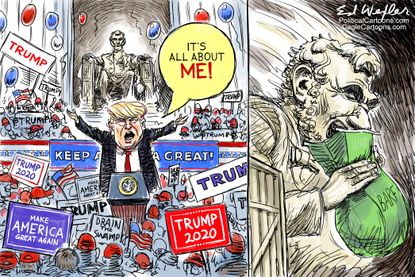 Political Cartoon U.S. Trump 2020 Campaign Rally Lincoln Barf