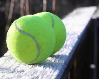 two tennis balls on top of a fence in winter