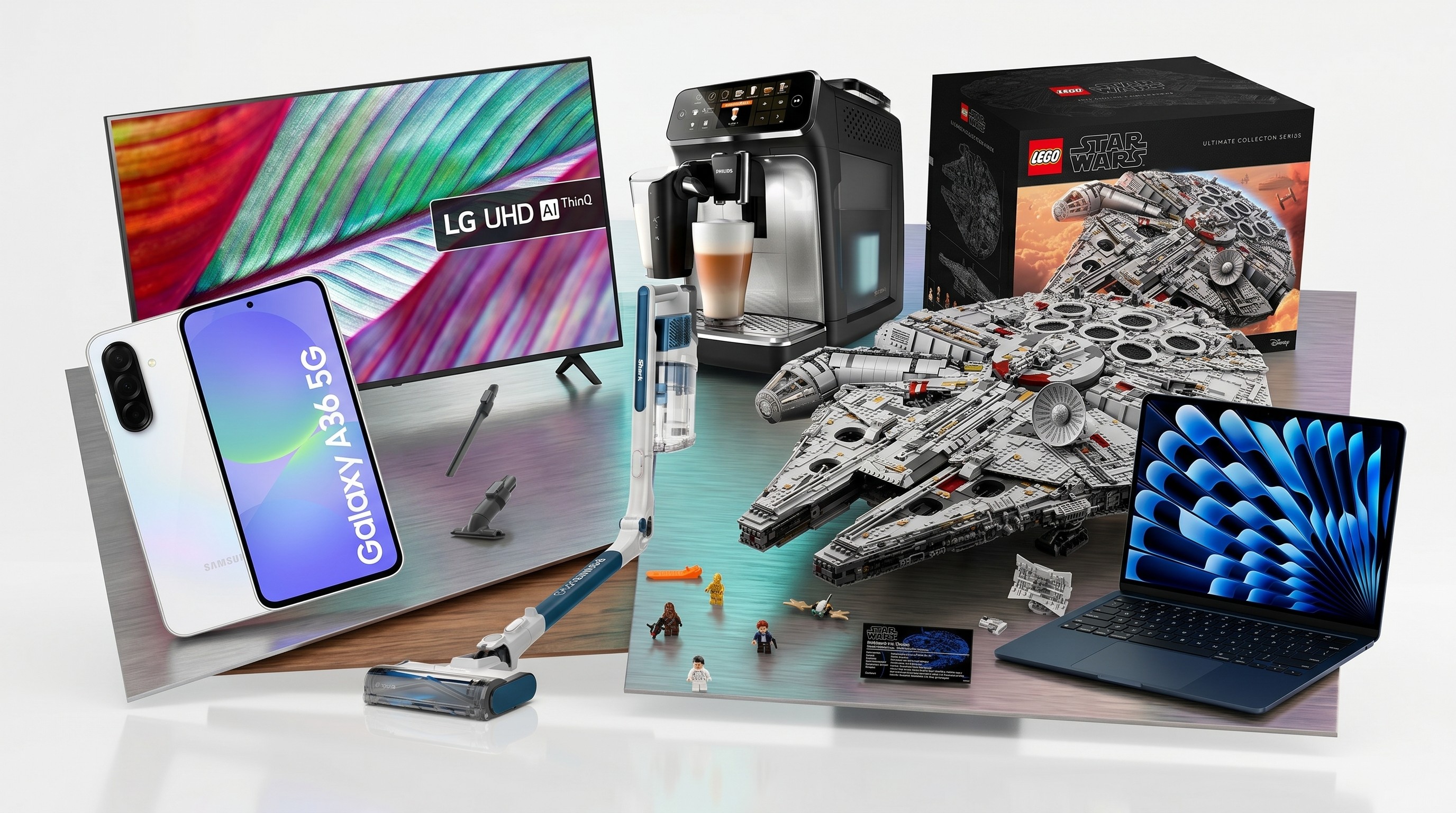 A collage of products from the Argos bank holiday sale, including Lego, a LG TV, samsung phone, philips coffee maker, apple MacBook and Shark vacuum.