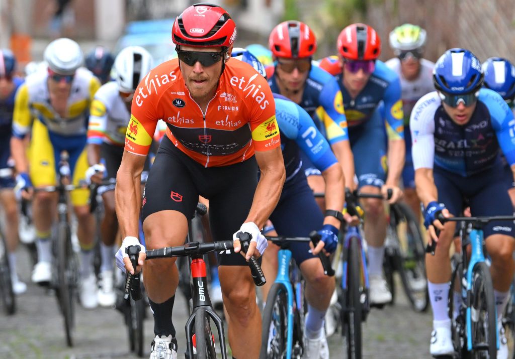 THUIN BELGIUM JULY 26 Matteo Trentin of Italy and Tudor Pro Cycling Team Orange Leader Jersey competes during the 45th Tour de Wallonie 2024 Stage 5 a 19215km stage from Mouscron to Thuin on July 26 2024 in Thuin Belgium Photo by Luc ClaessenGetty Images