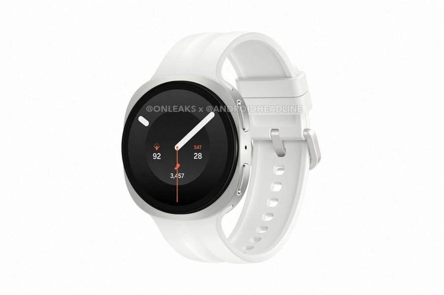 Leaked render of the Samsung Galaxy Watch 9 in white, displaying the same circular watch face atop a squared body as the Watch 8.