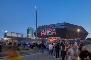 Nighttime exterior of ABBA Arena in London