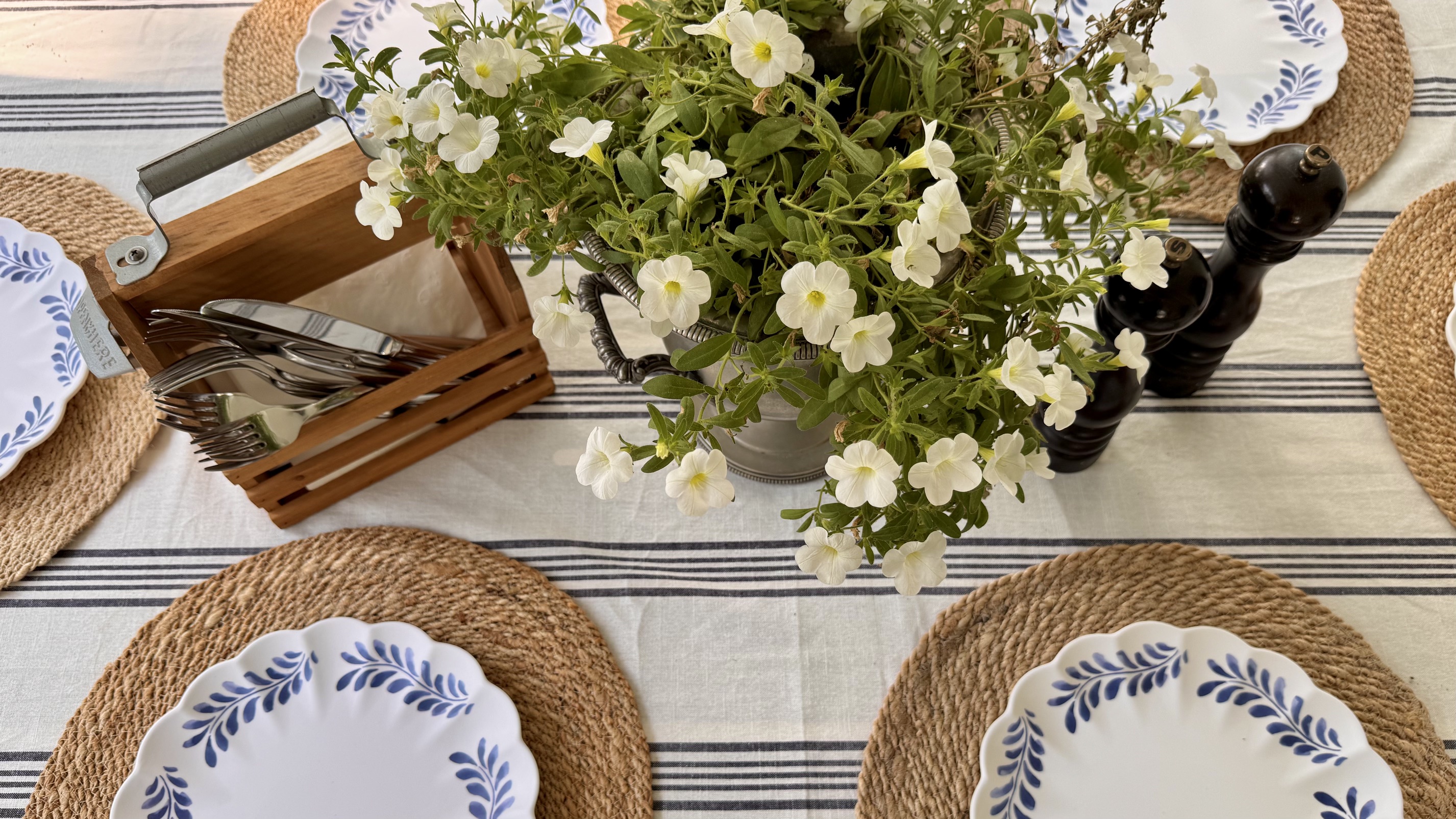 outdoor table with striped placemat
