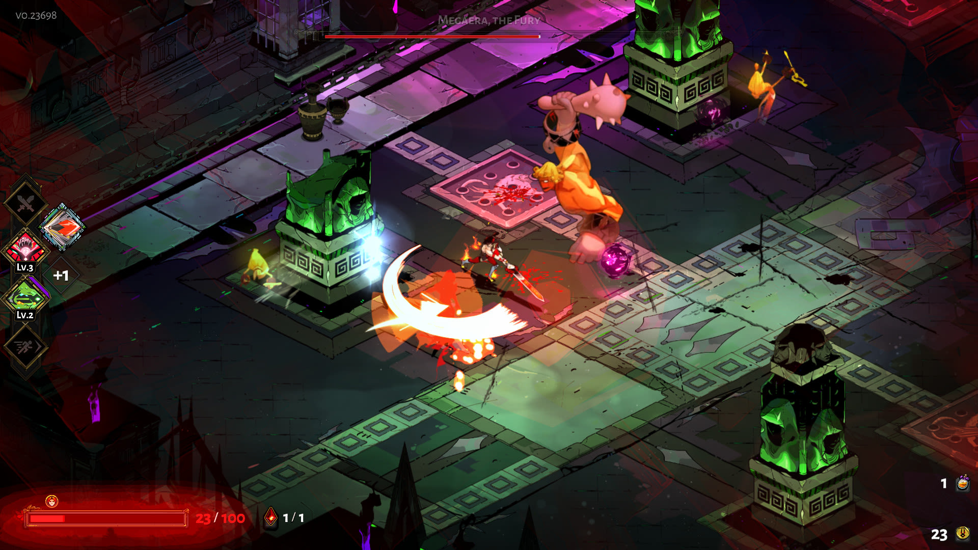 A screenshot from Hades, showing player character Zagreus attacking a group of enemies
