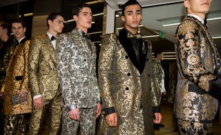 brocade suits backstage at Dolce & Gabbana A/W 2019