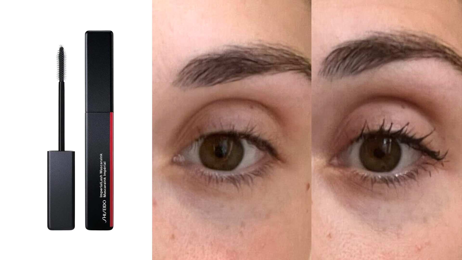 An image of the Shiseido ImperialLash MascaraInk Mascara on the left, next to a before and after comparison of Jess Beech's lashes wearing the Shiseido ImperialLash MascaraInk Mascara