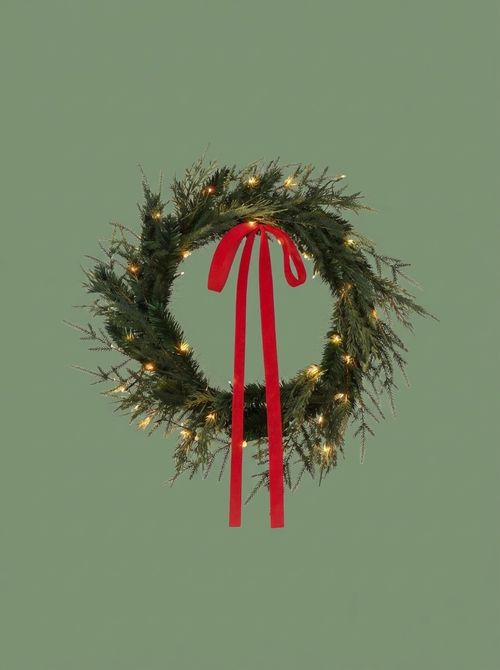 Norfolk and Cedar Wreath with Red Velvet Bow