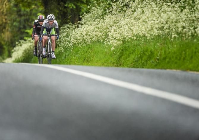 Daniel Stewart (Phoenix McConvey Cycles) leads Joshua Hunt (NFTO Pro Cycling) towards Delvin