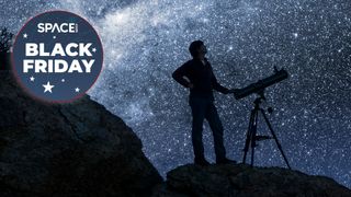 Man with telescope on a mountain in front of a starry sky with black friday deal logo