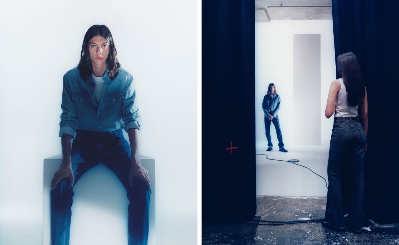 Man in double denim on left, woman and man in denim in backstage setting on right