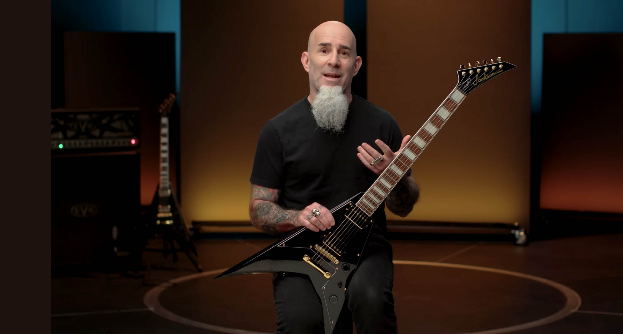 Scott Ian of Anthrax introduces his new X Series signature King V in black with gold hardware, and the original Jackson logo on the headstock.