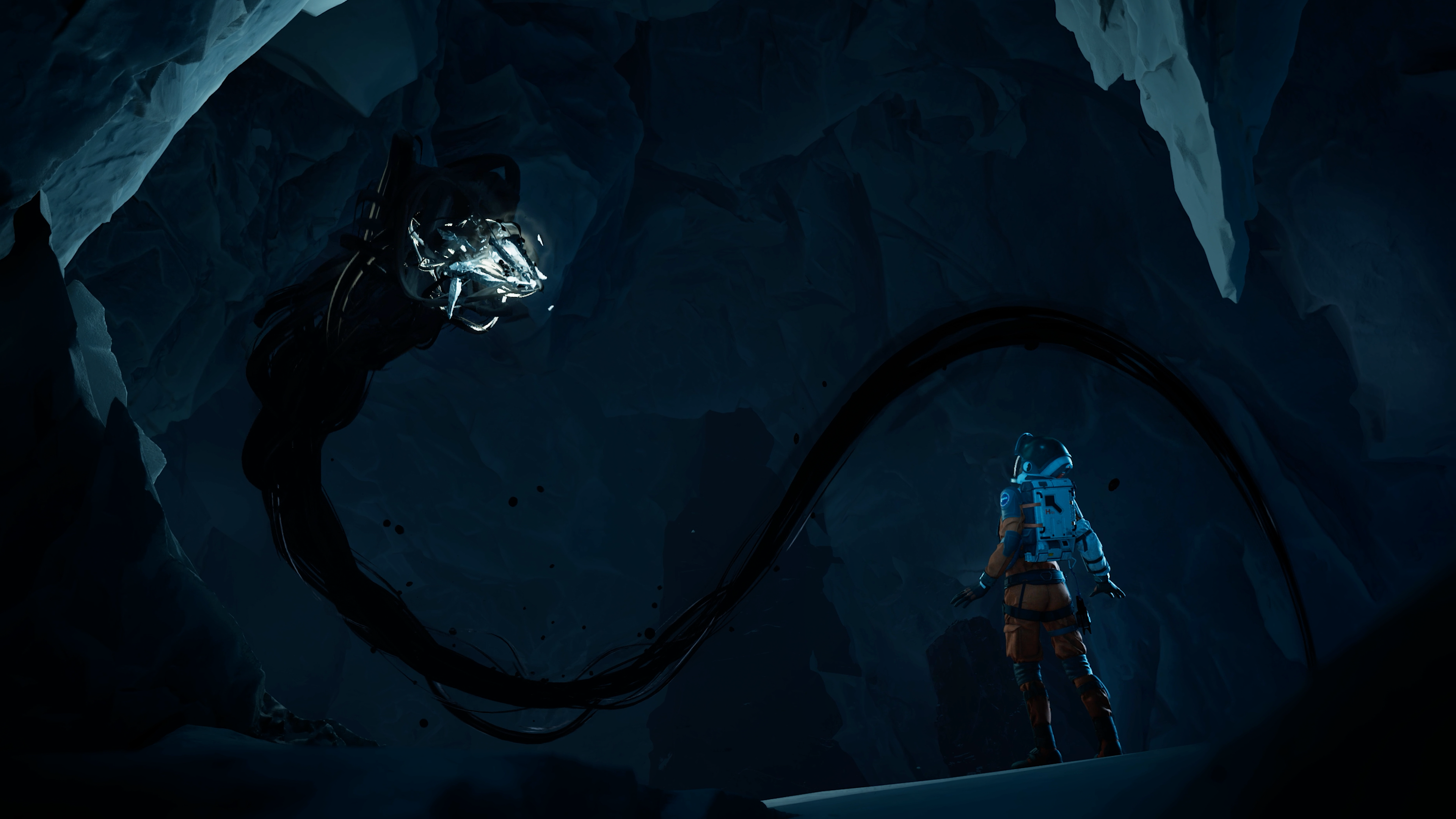 An Aphelion screenshot showing the Nemesis alien menacing over Ariane.