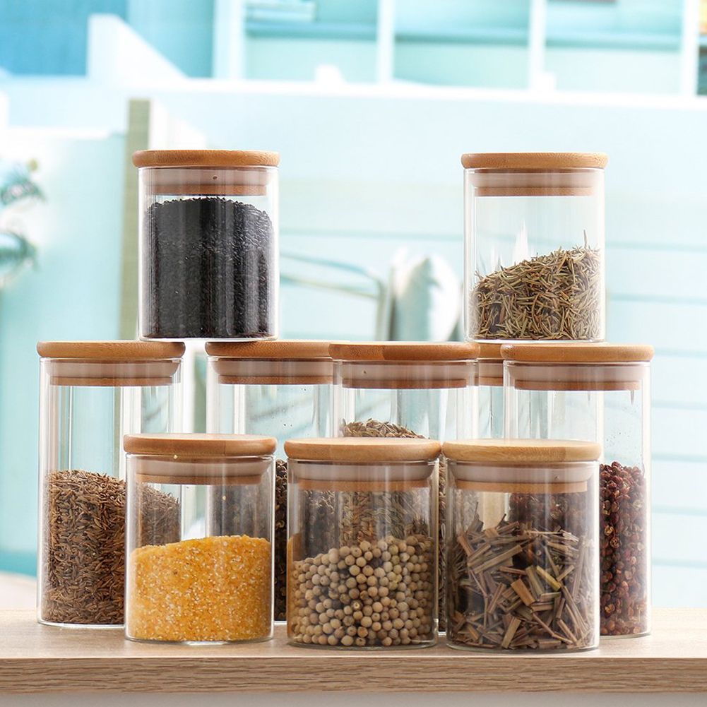 10pcs Glass Storage Jar Set With Bamboo Lids &amp;amp; Measuring Spoon