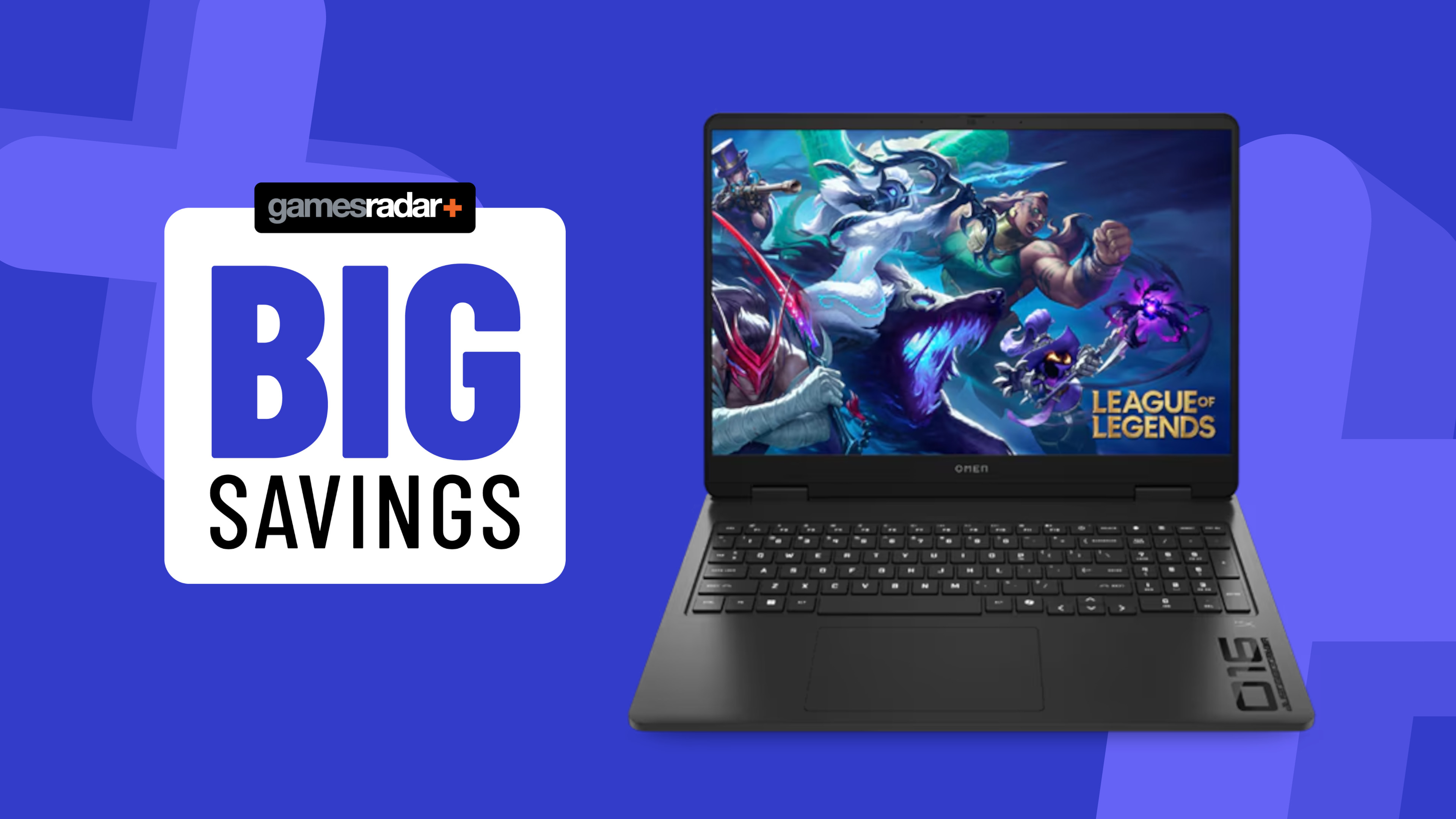 HP Omen 16 gaming laptop on a blue background with big savings badge