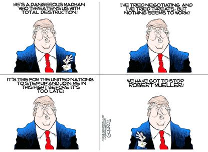 Political cartoon U.S. Trump UN speech Kim Jong-Un Mueller