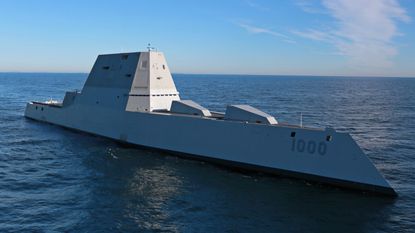 The future USS Zumwalt (DDG 1000) is underway for the first time conducting at-sea tests and trials on the Kennebeck River December 7, 2016 in the Atlantic Ocean. The Zumwalt is the largest destroyer ever built for the U.S. Navy.