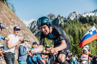 Images of riders on the stage 20 time trial of the 2023 Giro d'Italia on Monte Lussari
