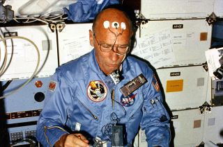 NASA astronaut William Thornton, STS-8 mission specialist, takes part in physiological studies on the space shuttle Challenger during his first of two spaceflights in 1983.
