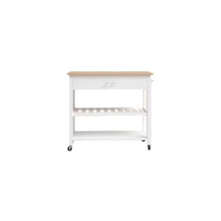 Aresha Wood Kitchen Island in white with two lower level shelves and a wooden top