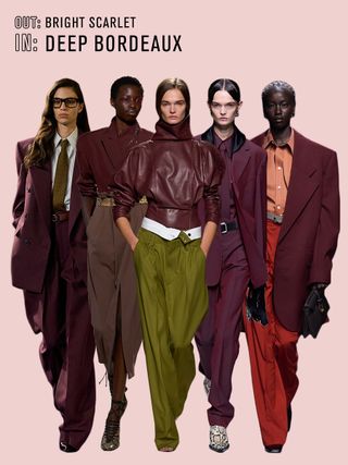 Collage of models wearing bordeaux on the spring/summer 2025 runways.