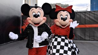 LAS VEGAS, NEVADA - NOVEMBER 22: (L-R) Mickey Mouse and Minnie Mouse attend the F1 Las Vegas Grand Prix on November 22, 2025 in Las Vegas