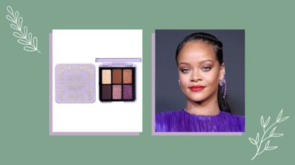 A collage of a Pat McGrath eyeshadow for green eyes and Rihanna in a purple dress with eyeshadow