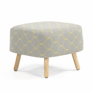 Grey and yellow print square footstool with wooden legs