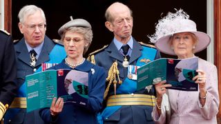 Prince Richard, Duke of Gloucester, Birgitte, Duchess of Gloucester, Prince Edward, Duke of Kent and Princess Alexandra watch a flypast