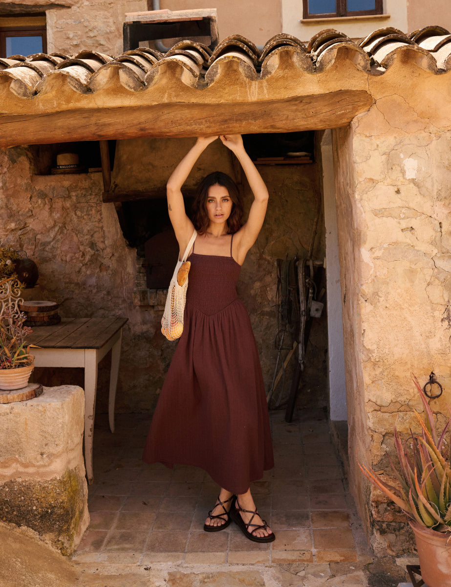 Brown Ruched Drop Waist Imogen Midi Dress