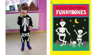 World book day illustrated by toddler stood in a black and wh ite skeleton costume next to funnybones book