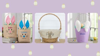 three of w&h's personalized Easter baskets picks on a lilac background with yellow bunny decorations